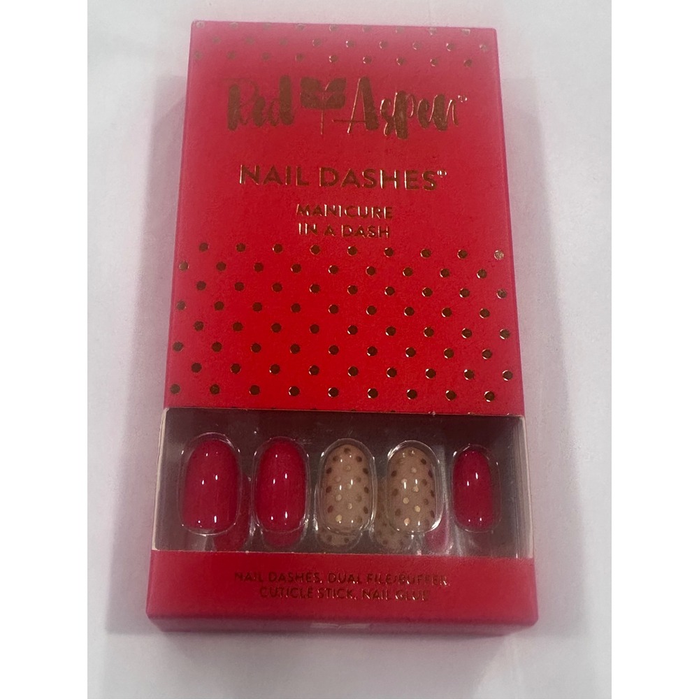 Red Aspen Nail Dashes Lovely Scarlett Red Gold Polka Dot Press On Manicure Set